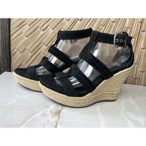 UGG LAURI 1000403 SANDALS Wmn Wedge Espadrille Heels Black Leather Suede 8.5
